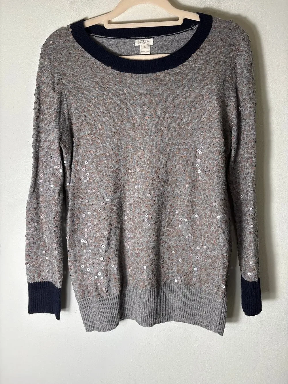 J.Crew Gray With Black Trimmed Sequined Sweater Sz S